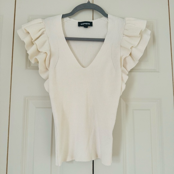 Express Tops - Express ribbed v neck ruffled sleeves top color offwhite size S